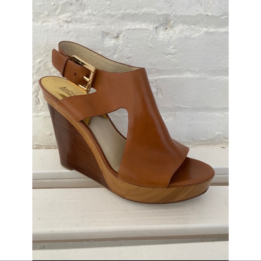 Michael Kors Brown Leather & Wood Wedges